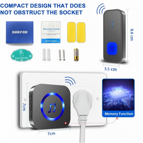 Trådlös Dörrklocka, Vattentät Väggpluggbar Sladdlös Dörrklocka Kit på 400m Räckvidd, Dörrklocka Sladdlös Batteridriven med 55 Melodier 5