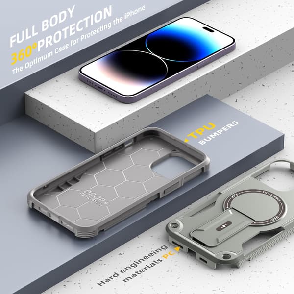 Magnetisk iPhone-deksel med stativ, MagSafe-kompatibel, robust innebygd stativ, støtsikker med militærgradert fallbeskyttelse for iPhone grå Grey iPhone 14 Pro Max
