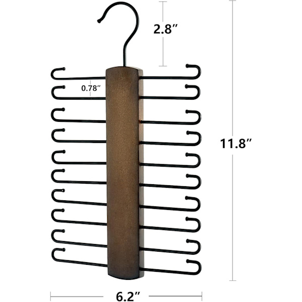 Trestativ i tre for slips, retro belteoppbevaring, hengerarrangør for menn, skaprombesparende stativ med 20 sklisikre kroker for slips, belte, skjerfarrangør 36 Brown
