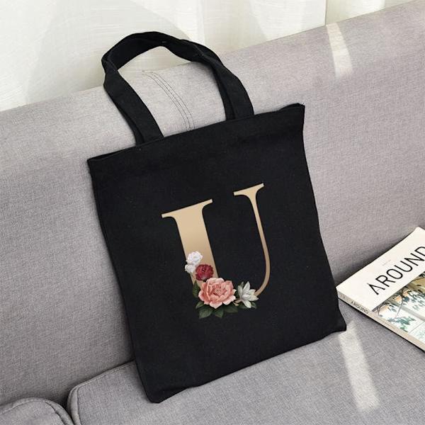 26 bokstäver tryckt canvas återanvändbara matkassar, hopfällbar casual resehandväska, axel strand tote väskor, shopper väska miljövänlig superstark tvättbar Gold U