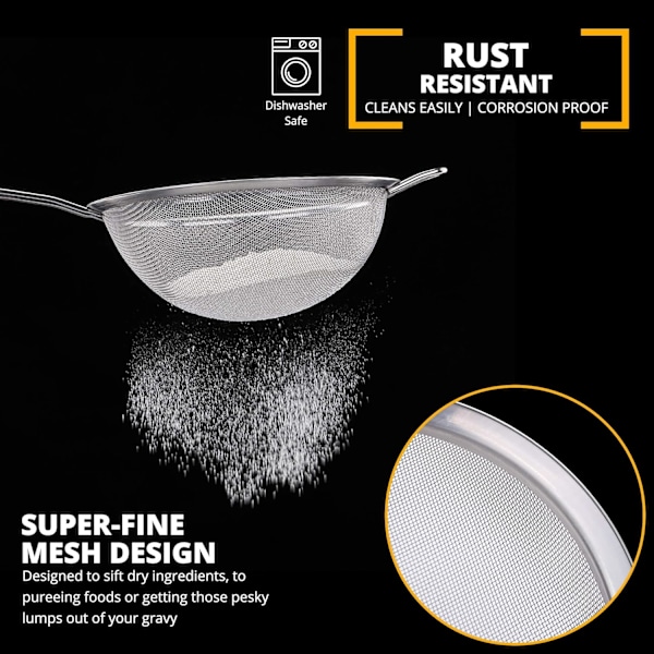 Sigte og Si-sæt - Metal Sigte Rustfrit Stål, Finmasket Si | Pakke med 3 Køkkenmasket, Si Madlavning, Mel til Bagning Rustfri Si Silver Pack of 3
