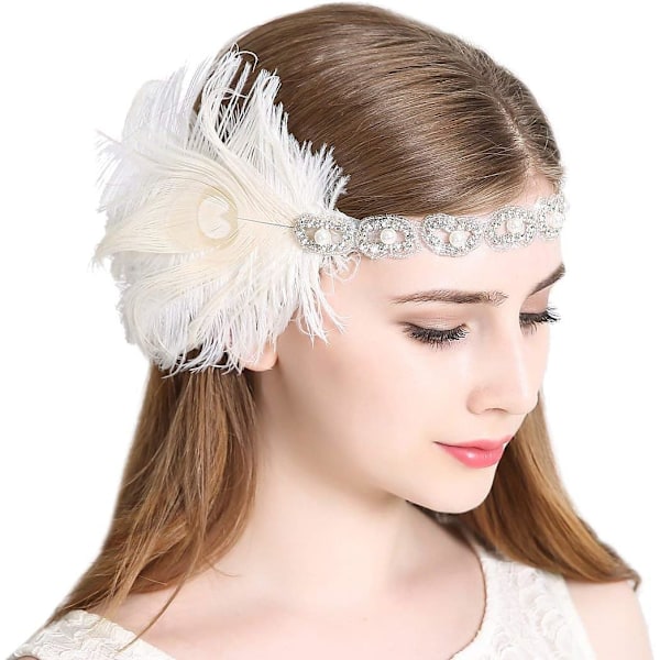 Flapper Gatsby pannband 1920-tals huvudbonad retro stil brummande 20-tals accessoarer för kostym bal bröllopsfest White Feather