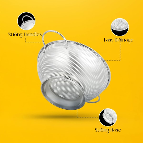 22,5 cm Mikroreikäinen Siivilä – Premium-Tasoinen Ruostumaton Teräs Suurilla Kahvoilla ja Pohjalla – Raskaankaltainen Siivilä Nuudeleille ja Pastalle, V Silver 22.5cm Colander