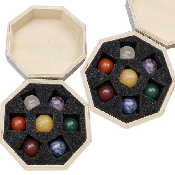 7st Meditation Kristallpolerade Energistenar Terapi Tumbled Chakra Ädelstenar Kvarts Med Hexagon Formad Trä Display Box Presenter