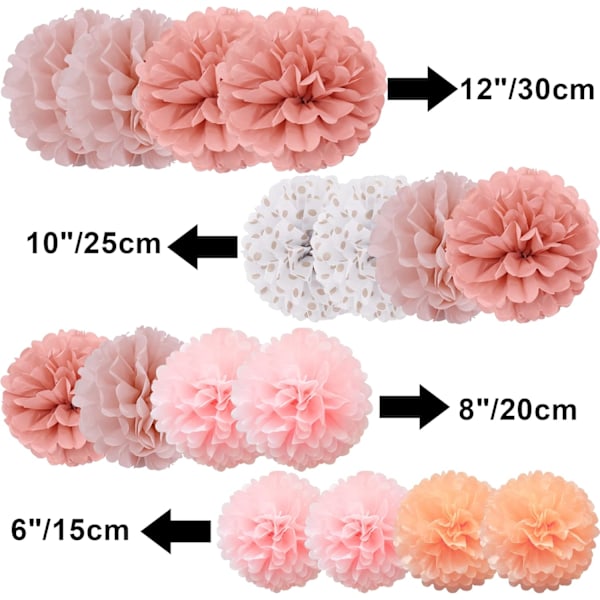 16 stk. Mix Tissue Paper Pompoms Pom Poms Blomster Håndlavede Bryllupsfest Dekorationer Kugler, Korallerosa Skygge #02 Coral Pink Shade