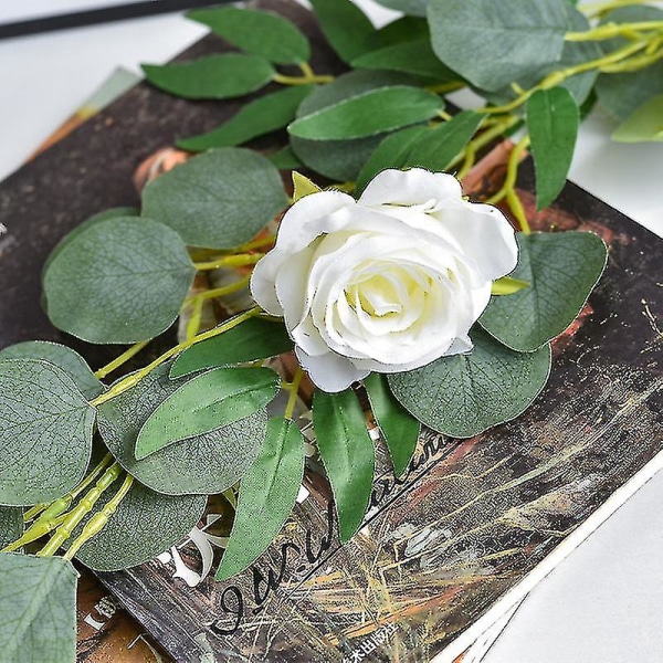 200cm Blomsterkrans Kunstig Rose Eukalyptus Pileblader Vinstokk Hjem Bryllup Hængende Dekor