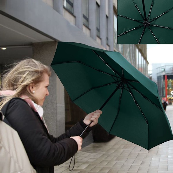 Paraply, foldeparaply, automatisk paraply med paraplypose, vindtæt rejseparaply, lille, bærbar, robust, let, mørkegrøn Dark green
