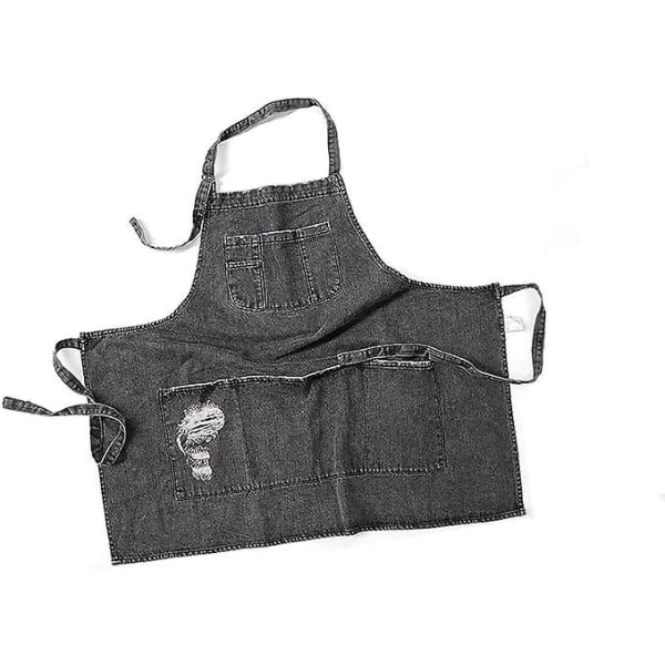 Forkle i denim, unisex justerbar bib-forkle med lommer for matlaging, kjøkken, svart