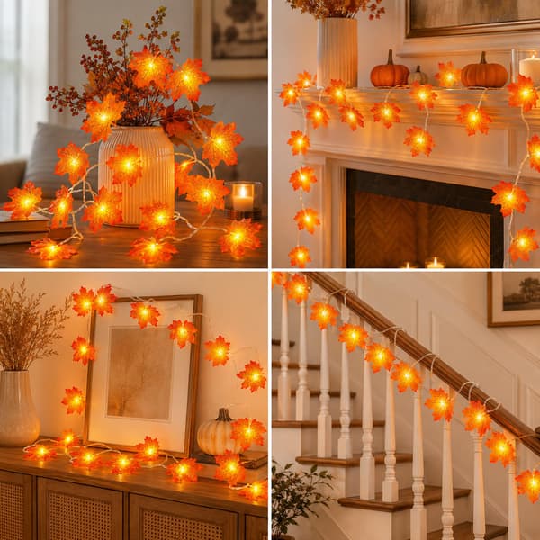 3 meter lønnebladgirlander med 20 LED-lys – Høstdekorasjon, egnet for Halloween