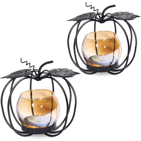Græskarglas votive lysestage, sæt med 2, dekorativ mat sort jern fyrfads lysestage