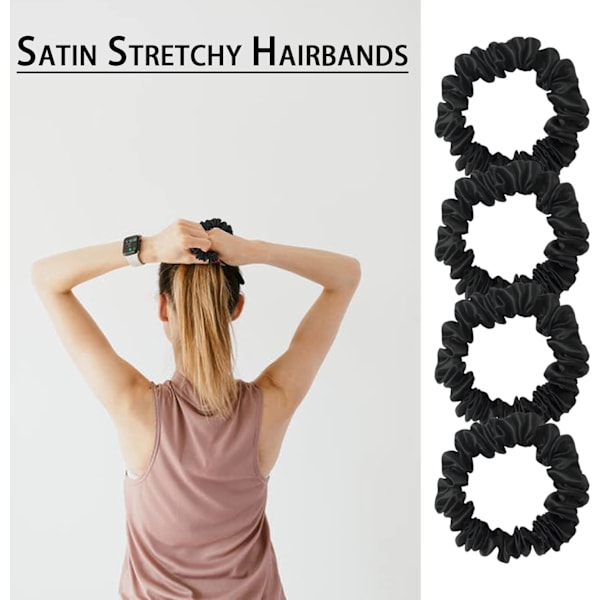 Hårband, små hårscrunchies för kvinnor, satinelastiska band scrunchies, smala hårsnoddar, svarta hårsnoddar spårlösa anti-frizz hårsnoddar 4 Small