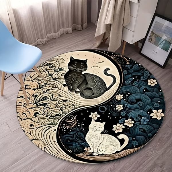 Rundt tæppe med Yin-Yang katte-design — Blød krystalfløjl, maskinvaskbart, polyestermateriale