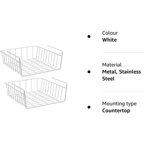 2 x Hengekurv-arrangør, Hengekurv under hylle for kjøkkenskap, skap, hyller, lave møbler (hvit) White