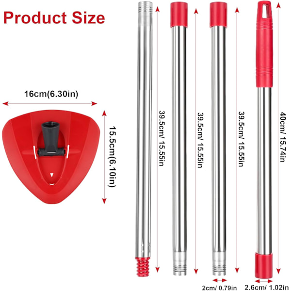 Punainen pyörivä mopin pääosa ja moppivarsi Vleda Turbo Spin 2-in-1 -säiliömoppiin, kolmion muotoinen pyörivä mopin päälevy Turbo Smart /E -moppiin Red Base,silver Handle