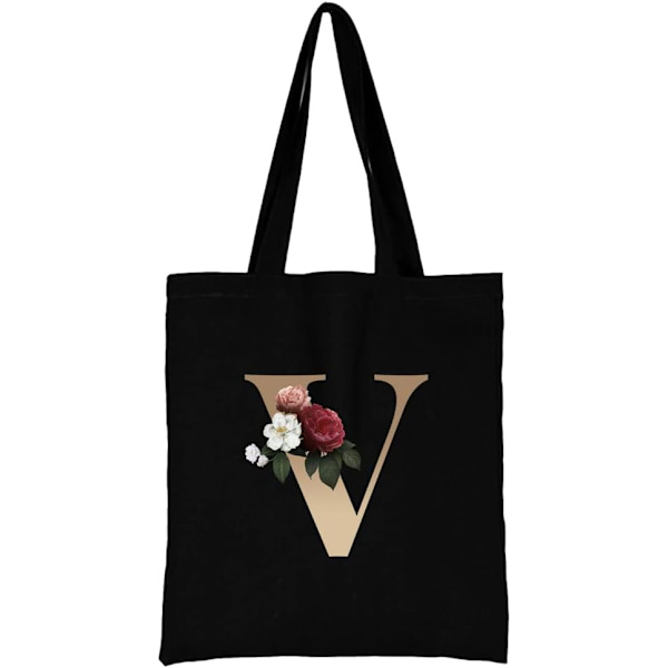 26 bokstäver tryckt canvas återanvändbara matkassar, hopfällbar casual resehandväska, axel strand tote väskor, shopper väska miljövänlig superstark tvättbar Gold V
