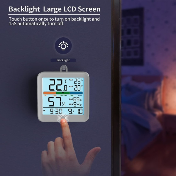 Inomhus Termometer Hygrometer - Digital Luftfuktighetsmätare Noggrann Temperaturövervakning Max/min Register, LCD-Bakgrundsbelysning Klocka, Komfort-ikon För Hemmet
