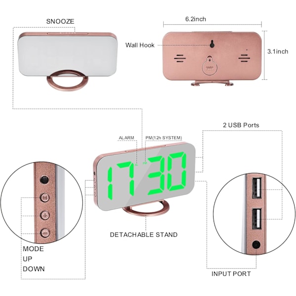 Digital väckarklocka, 6,5 tum stor LED-spegelklocka, med 2 USB-laddningsportar, automatisk dimmer, 12/24H, modern skrivbordsklocka för hem, sovrum, kontor Rose Goldgreen