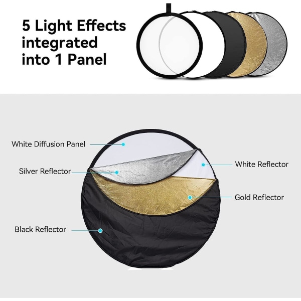 (60 cm) Valokuvausheijastin 5-in-1 kokoontaitettava pyöreä valoheijastin, läpikuultava, hopea, kulta, valkoinen ja musta, kantolaukulla