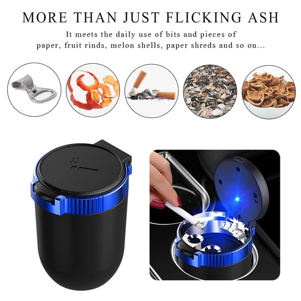 Bilaskeberg med lokk, avtakbart askebeger i rustfritt stål (blått) med blått LED-lys.
