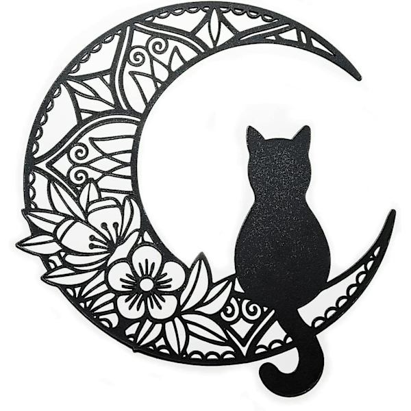 Svart katt och måne väggkonst, månfas väggkonst, svart katt på månen väggpediment för kattälskare