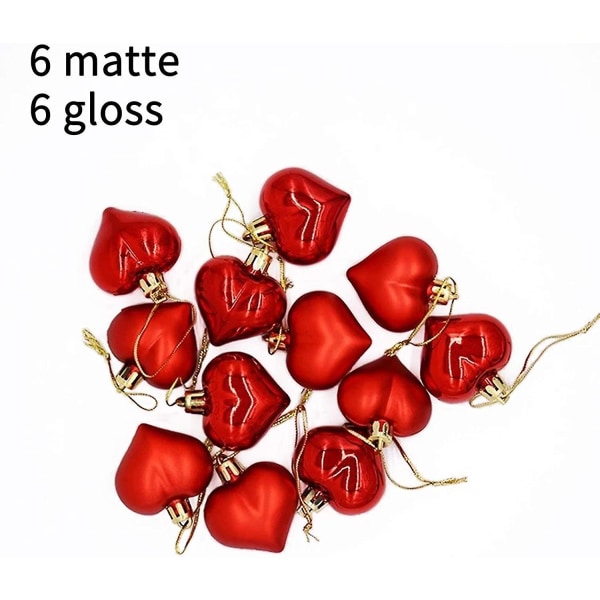 12 st hjärtformade ornament, glänsande och matta hjärtformade julgranskulor hängande dekorationer