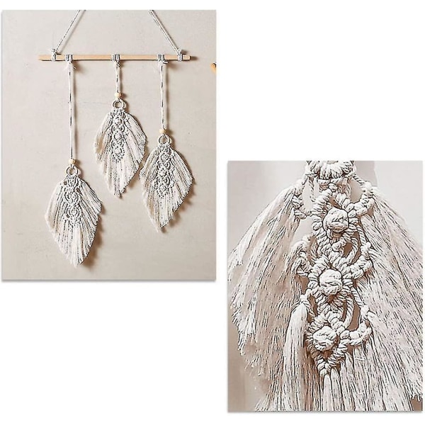 Makramé Væghængning Boho Dekoration, Vævet Væghængning Tapet Blad Fjer Bohemian Tapet Håndlavet Rum Dekoration Stue Soveværelse Dekoration