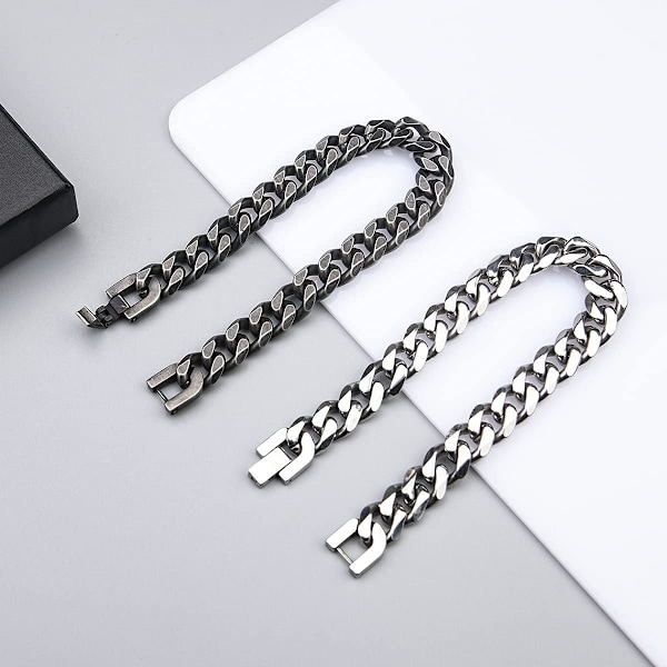 Herrarmband i Antik Kubansk Silver, Trendig Retro Titanstål Enkel Sexsidig Platt Denim Armband #1 Silver21CM