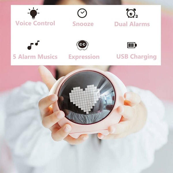 Barnalarmklocka, Sömncoach för Barn, Söt Digital Röstaktiverad Nattlampa, Temperaturdetektering, Snooze-funktion, USB-laddningsbar, för pink