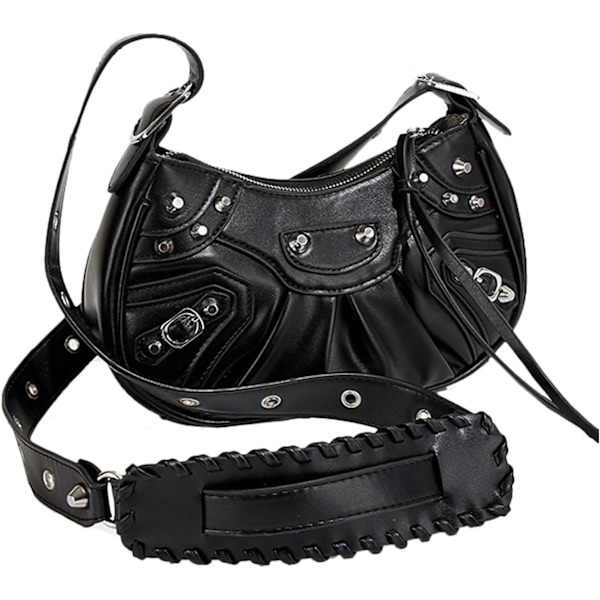 Damväska i PU-läder med nitar, axelremsväska, messenger-väska, goth-stil, justerbar rem Black