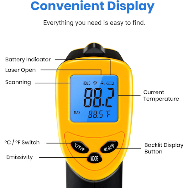 Infrarødt termometer, -50°C~610°C(-58°F~1130°F), berøringsfri digital lasertemperaturpistol med LCD-skærm, til madlavning/pizza/ovn/køleskab 50°C~ 610°C 50°C~ 610°C
