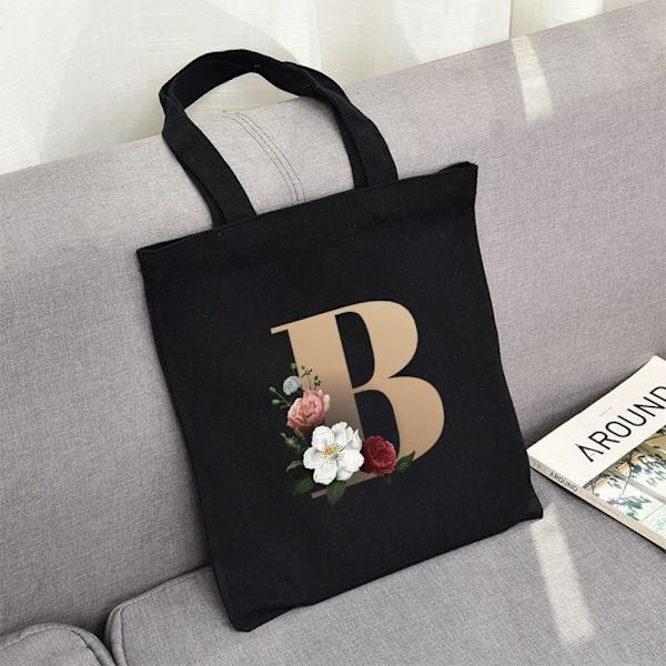 26 bokstäver tryckt canvas återanvändbara matkassar, hopfällbar casual resehandväska, axel strand tote väskor, shopper väska miljövänlig superstark tvättbar Gold B