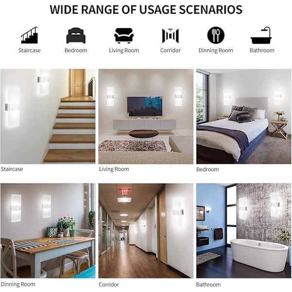 2 stk. LED Indendørs Vægskænke, 12W 6000K Kold Hvid Akryl Vægslampe, Moderne Design Dekor Vægslys Armatur Til Stue, Soveværelse, Gang, Badeværelse