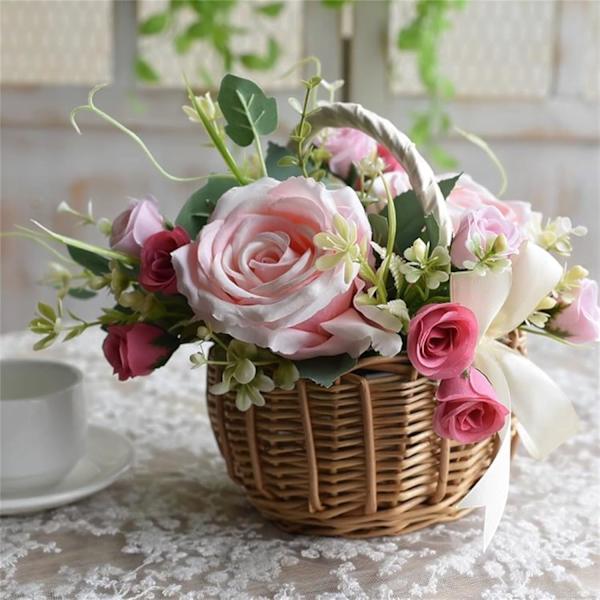 Blomsterpikekurver til bryllup, kurv i rotting med håndtak og bånd, flettet oppbevaringskurv, kurv for blomster, kaker og godteri til påskebryllup White Small
