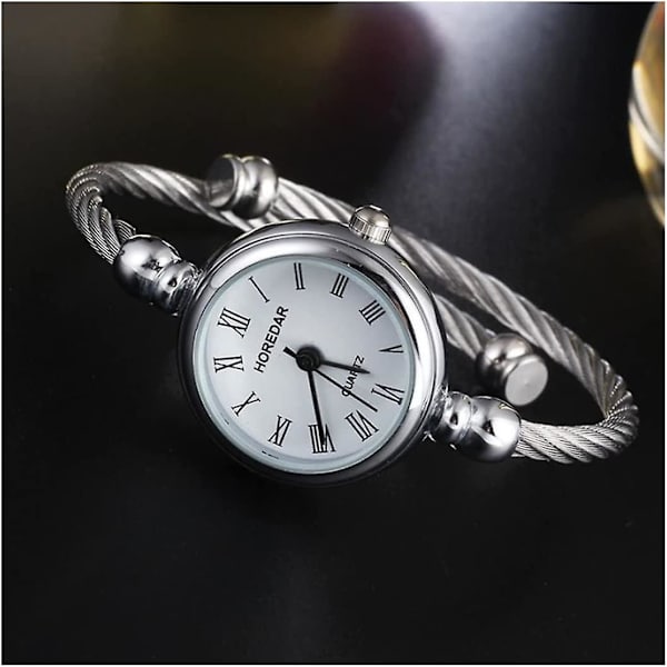 Damer Sølv Kabel Hvid Skive Analog Kvarts Armring Ur Med Metal Bånd Manchet Armbåndsur Mode Daglige Håndledsure Til Piger Kvinder Romertal