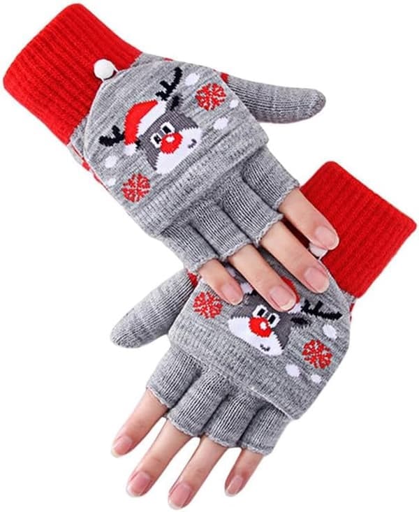 Stickade julvantar - Fingerlösa handskar med vikbar topp - Grå & röd älgdesign - Vinterhandskar för tonåringar