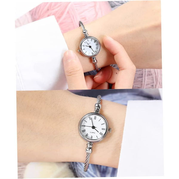 Damer Sølv Kabel Hvid Skive Analog Kvarts Armring Ur Med Metal Bånd Manchet Armbåndsur Mode Daglige Håndledsure Til Piger Kvinder Romertal