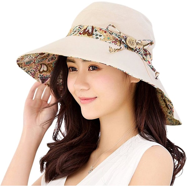 Dam solhatt UPF50+ sommar hopfällbar strand vändbar hatt utomhus bred brätte keps Beige One Size