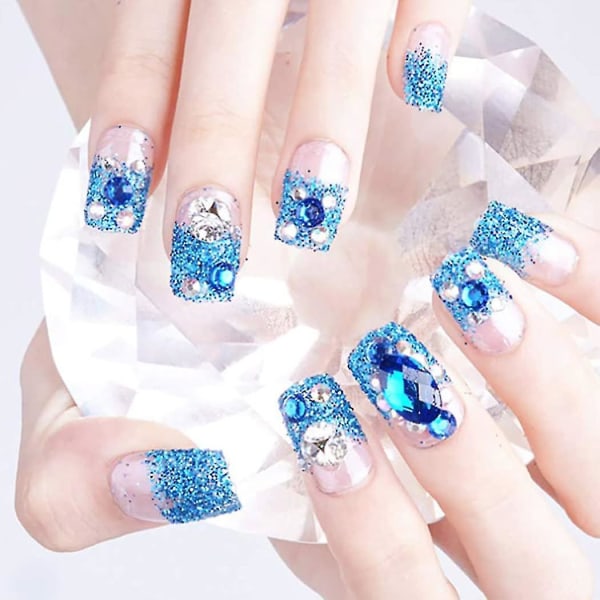 Fake Nails Square Press On Nails Blue Wedding Glitter Full Cover Acryl