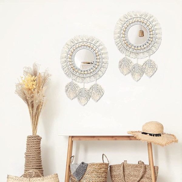 Väggspegel, Boho Macrame Fransad Spegel Med Träpärla Fjäderhänge (beige)