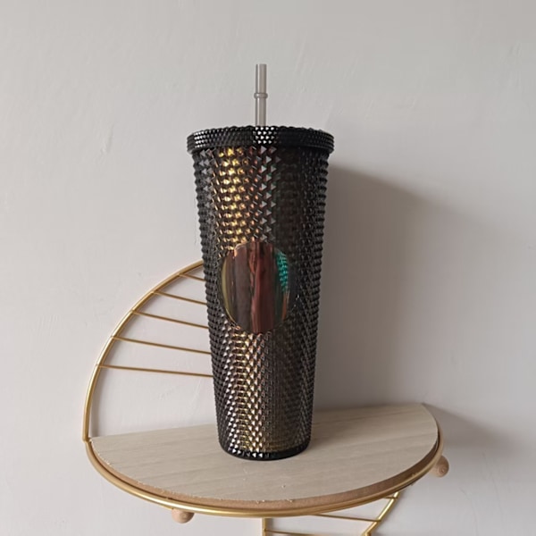 Nitat Glasmugg med Sugrör och Lock, Dubbelväggig Kall Mugg, 710 ml Nitat Mugg Plastmugg Glitter Vattenflaska Mugg (Svart)