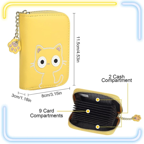 Keltainen nahkainen luottokorttipidike 11,5 x 8 x 3 cm söpö kissan vetoketjullinen luottokorttipidike Naisten kolikkokukkaro 11 paikkainen panssaroitu korttipidike haitarikorttipidike