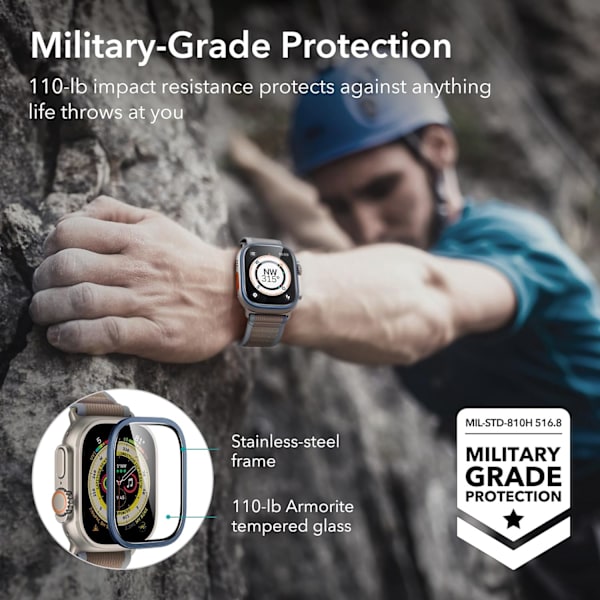 Skärmskydd för Apple Watch Ultra 2/1, 49 mm (2023/2022), Militärt skydd, Härdat glas med rostfritt stål Dark Blue