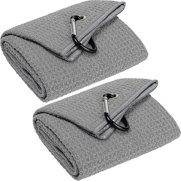 2-pak trefoldede golfhåndklæder, premium mikrofiberstof vaffelmønster med sort kraftig karabinhageklemme