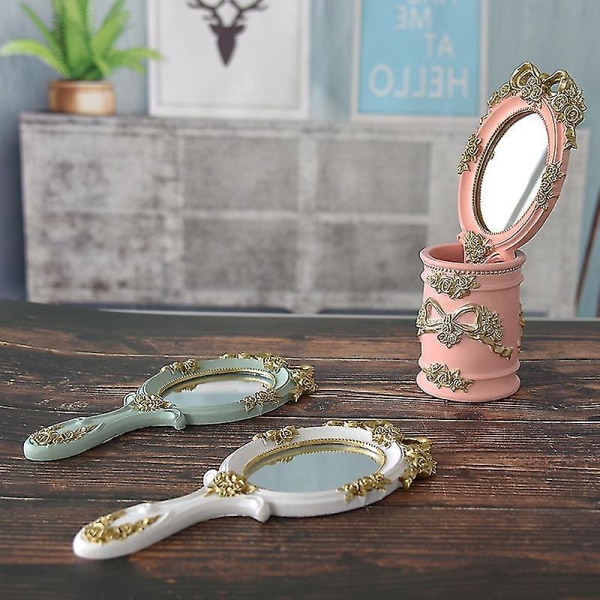 Sød Vintage Håndspejl Makeup Sminke Spejl Håndholdt Kosmetik Spejl Med Håndtag Til Gaver Pink