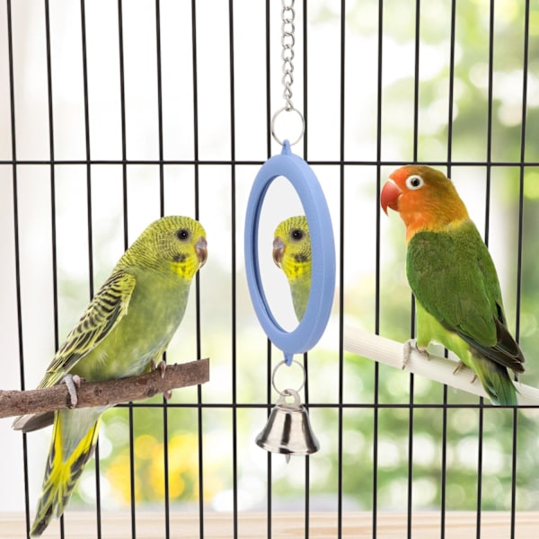 Fugle Spejl med Klokke Interaktiv Papegøje Legetøj Fuglebur Spejl til Kakadue Parakitter Kanariefugle Budgie (BLÅ) BLUE