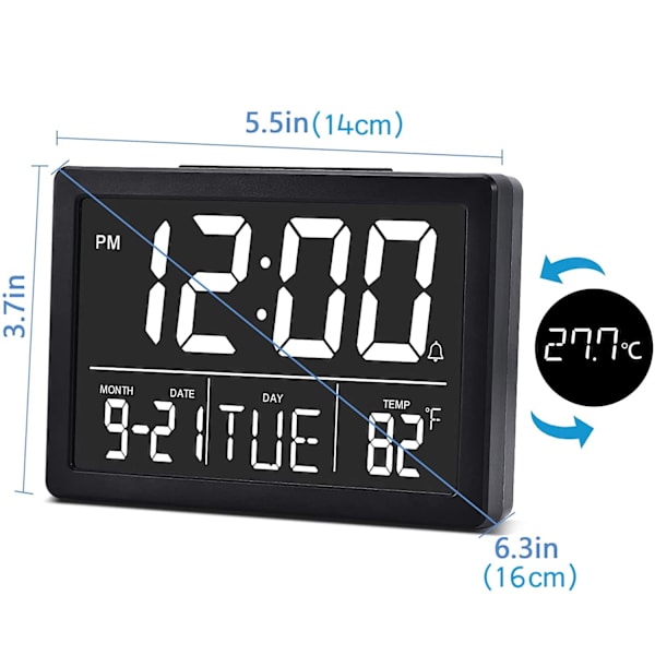 Väckarklocka, Digital Klocka, Elektrisk Digital Klocka med 5,5\" LED-Display, Ljusstyrka, Justerbar Volym, Datum och Temperatur, Bordsklocka för Sängar black