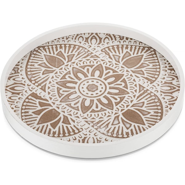 Rund træ dekorativ bakke: Rustik hvid Boho sofabord bakke Farmhouse bakke dekor midtpunkt træ cirkel osmannisk serveringsbakker til hjemmekøkken Whitewash Lotus30cm