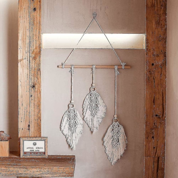 Makramé Væghængning Boho Dekoration, Vævet Væghængning Tapet Blad Fjer Bohemian Tapet Håndlavet Rum Dekoration Stue Soveværelse Dekoration