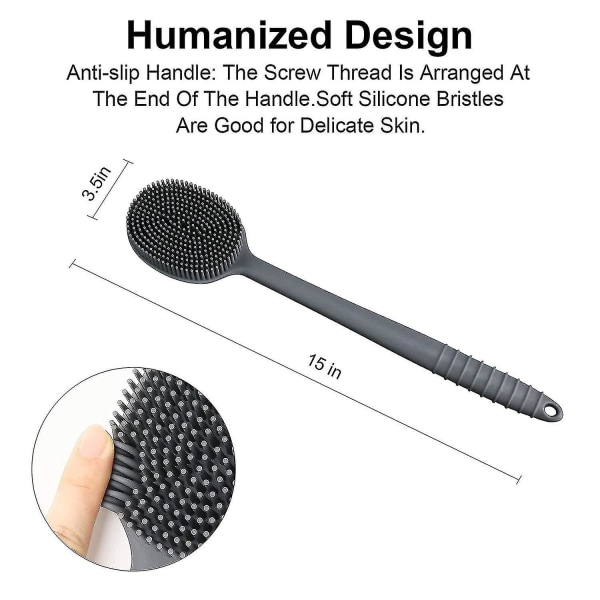 Ultramjuk silikon ryggskrubb dusch- och ansiktsskrubbare, badkroppsborste med ett måttligt långt handtag, Bpa-fri, halkfri (grå)