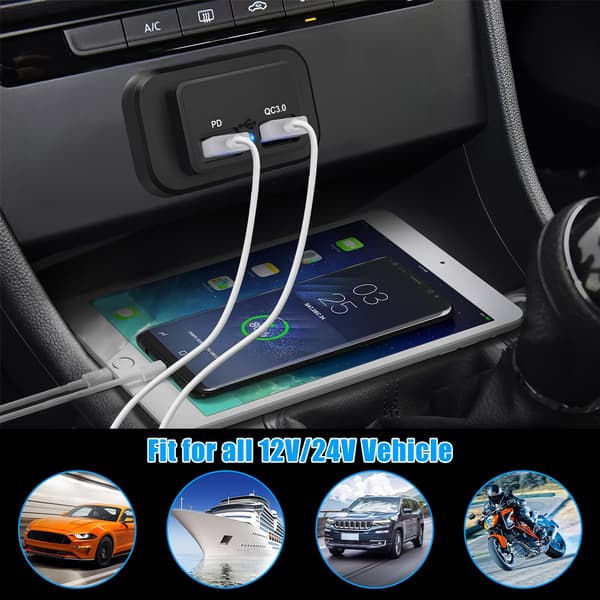 2 kpl kaksois-USB-porttisarja matkailuautoihin — PD3.0 Type-C (USB-C) ja QC3.0 USB-A -pikalataussovitin